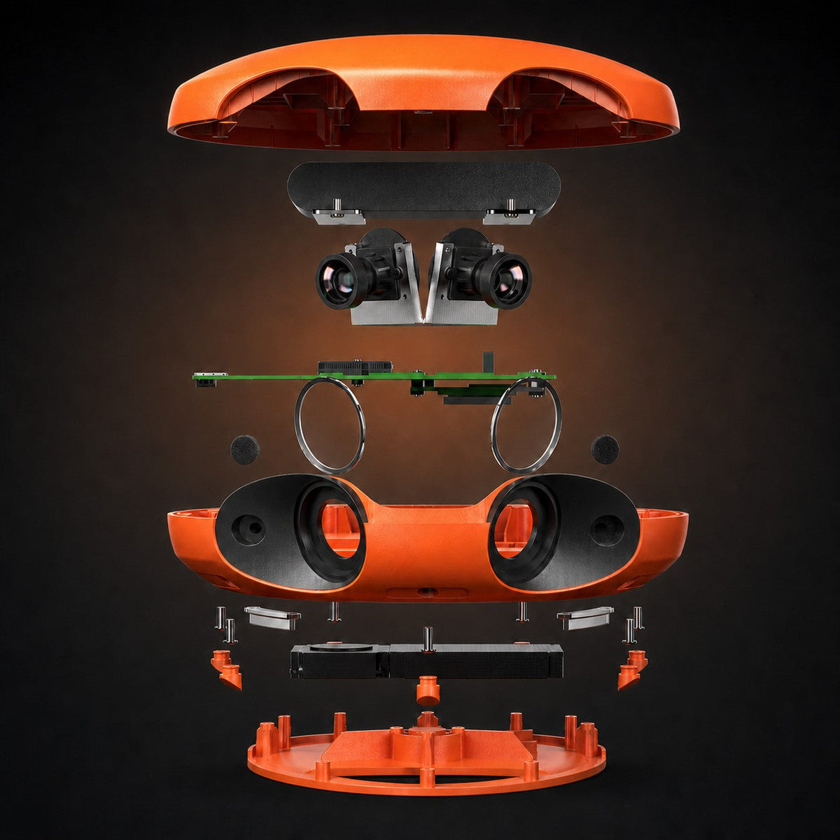 Exploded view of the Ballr AI Sports Camera: top shell, dual lens modules, main board, lens rings, mid-frame, battery pack and base plate