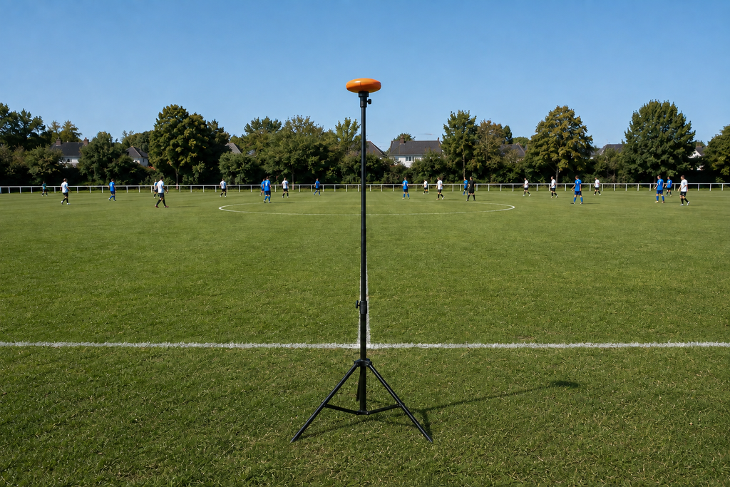 Ballr AI Sports Camera behind the touchline, aligned with midfield; tripod not included