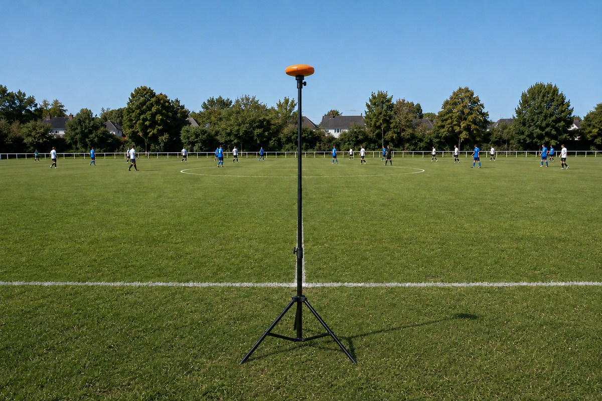Ballr AI Sports Camera behind the touchline, aligned with midfield; tripod not included