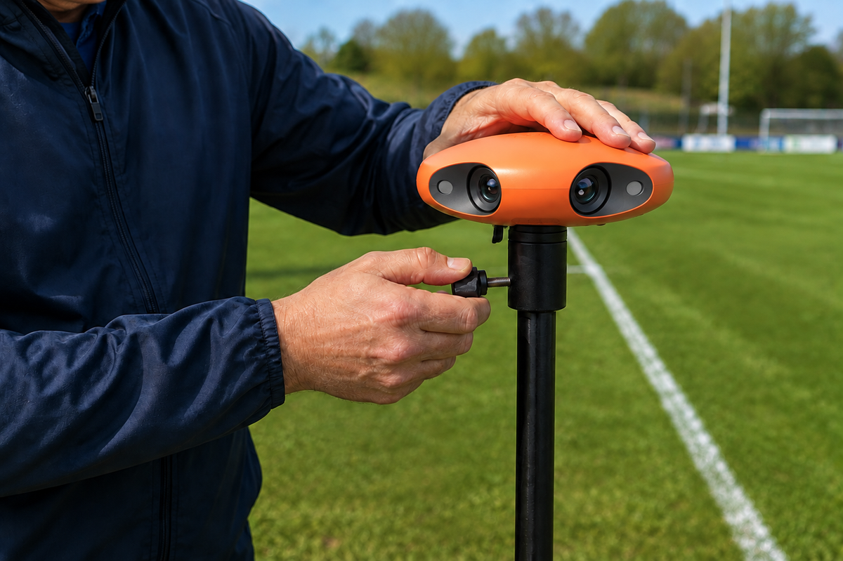Hands securing a Ballr AI Sports Camera onto a tripod beside a marked football pitch