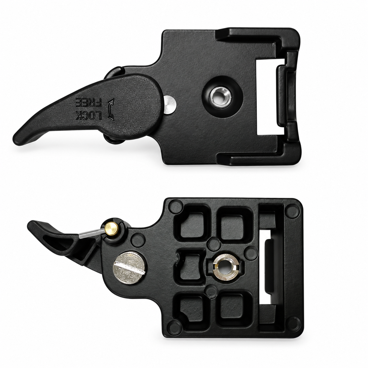 Quick-release clamp, front and rear views