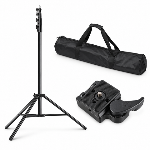 Three-piece set overview: one tripod, one carry bag and one quick-release adapter. Product images arranged at different scales; camera not included.